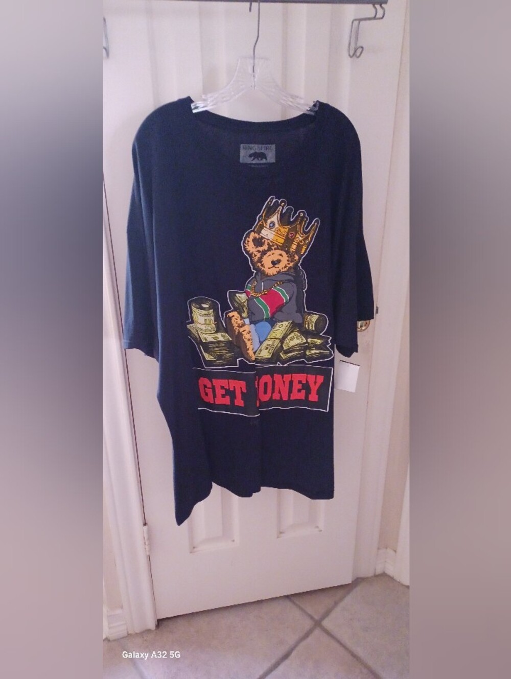 Ring of Fire Black Tee with Crowned Teddy and Red "GET MONEY" Print